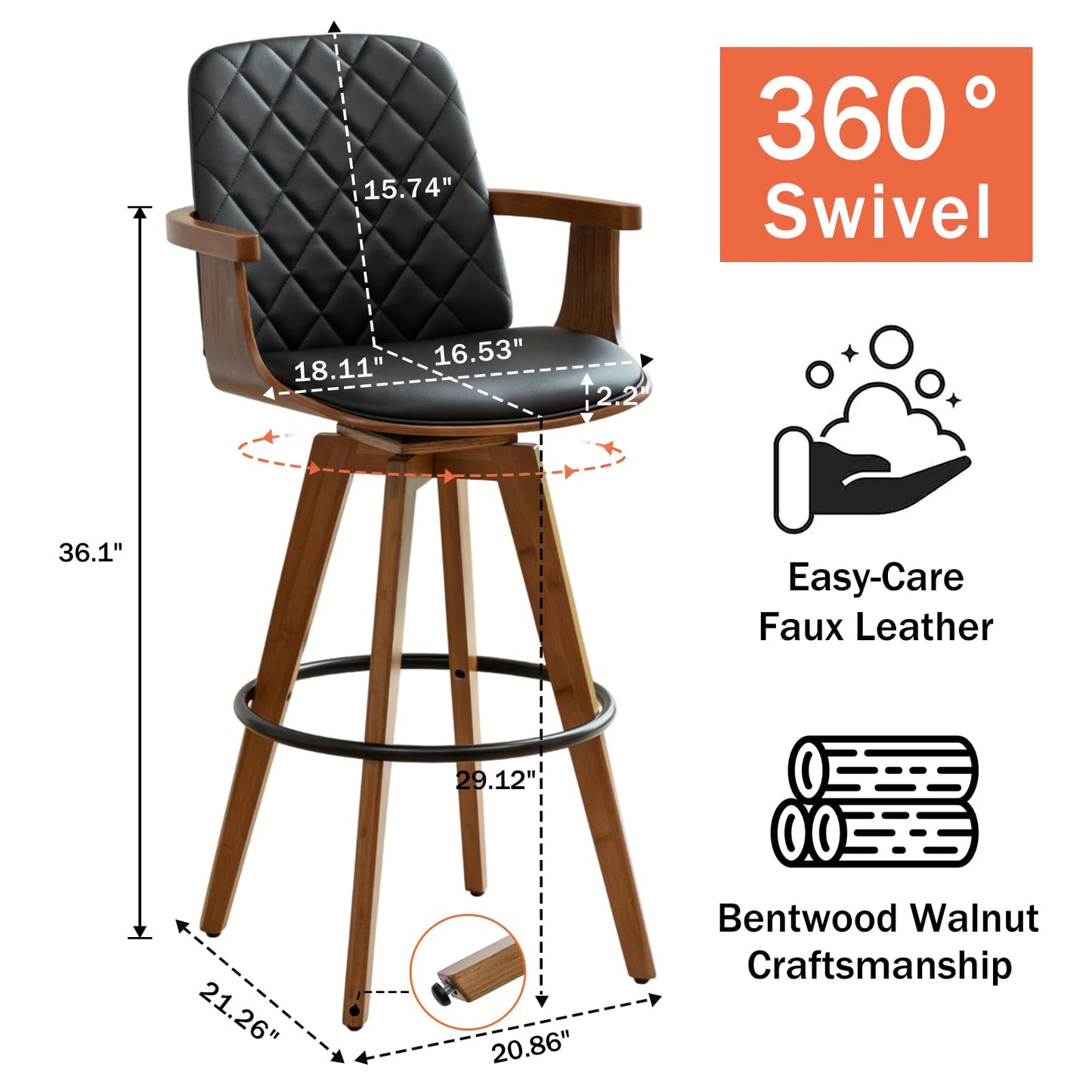 Set of 2 Bar Height Bar Stools - 29.12 inch Swivel Bar Stools with Curved Back and Arms, Walnut Craftsmanship, Upholstered Seat, Mid Century BarStools for Bar/ Pub/Island/Cafe (29" Seat Height, Black)
