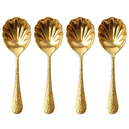Serving Spoons 4Pack, 18/10 Stainless Steel Large Serving Spoons Set, Hammered Long Handle Serving Spoons for Buffet, Scalloped Design Serving Utensils for Kitchen Party Buffet Banquet (Gold)