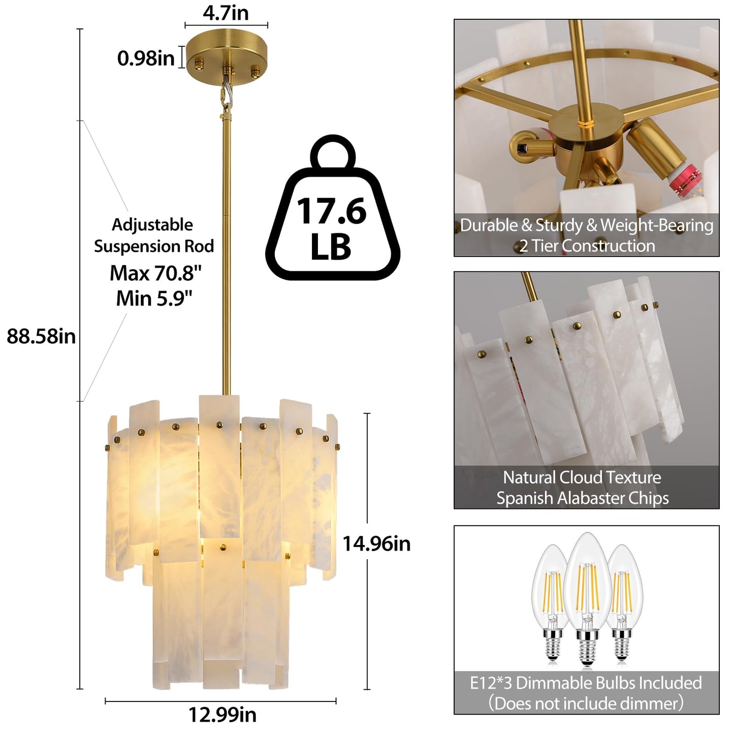 PIOUTNF Alabaster Round Chandelier, 2-Tier Spanish Alabaster Chandeliers, Warm White, 13" Modern Small Gold Marble Pendant Chandeliers for Foyer, Kitchen Island, Dining Room, Bedroom