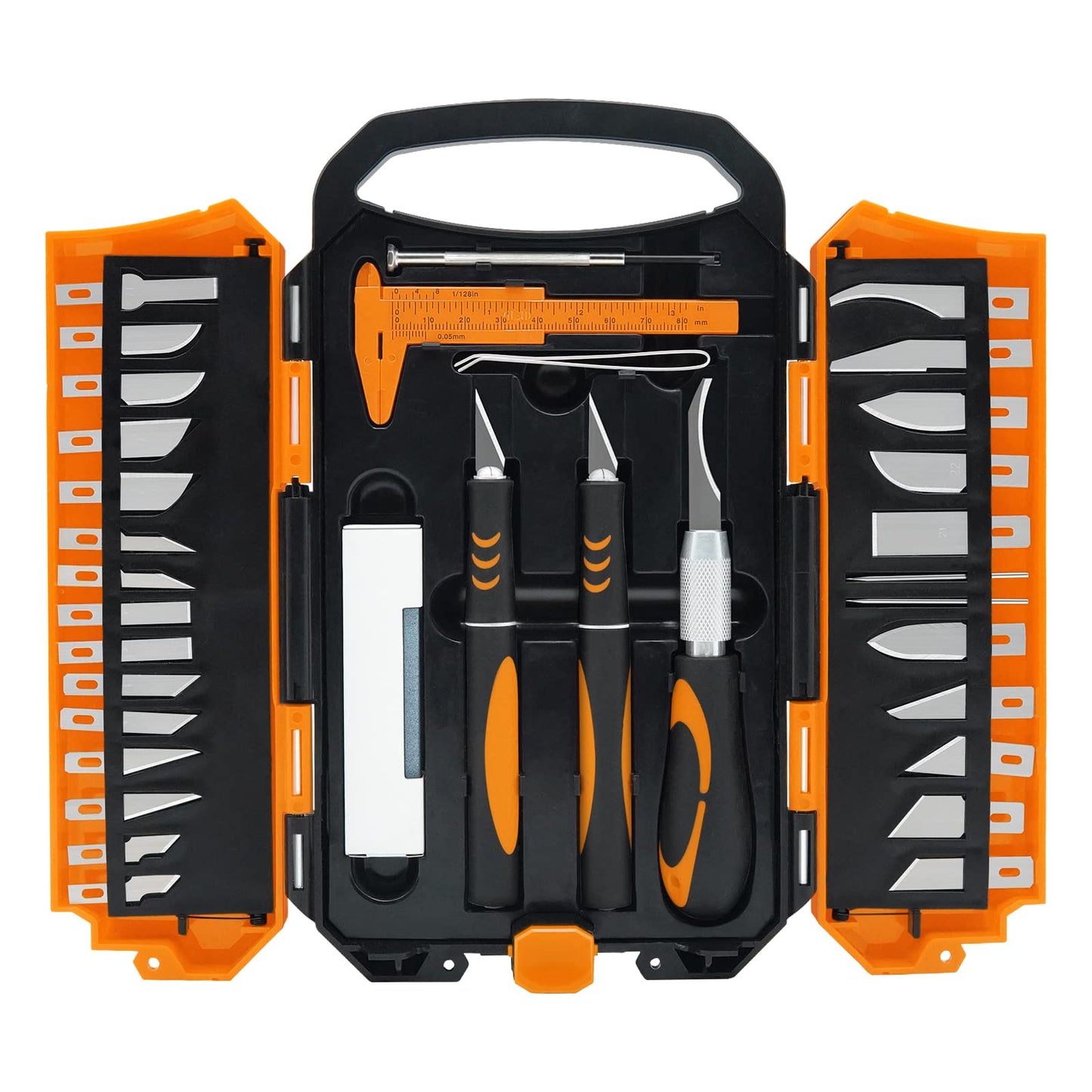 MANUFORE 34pcs Large Exacto Knife set Deluxe Craft Precision Knife Set Include 3pcs Craft Knives with Anti-Slip Rubber Grip, 25pcs Different Blades, 2pcs Needles, Sharpening Stone, Screwdriver
