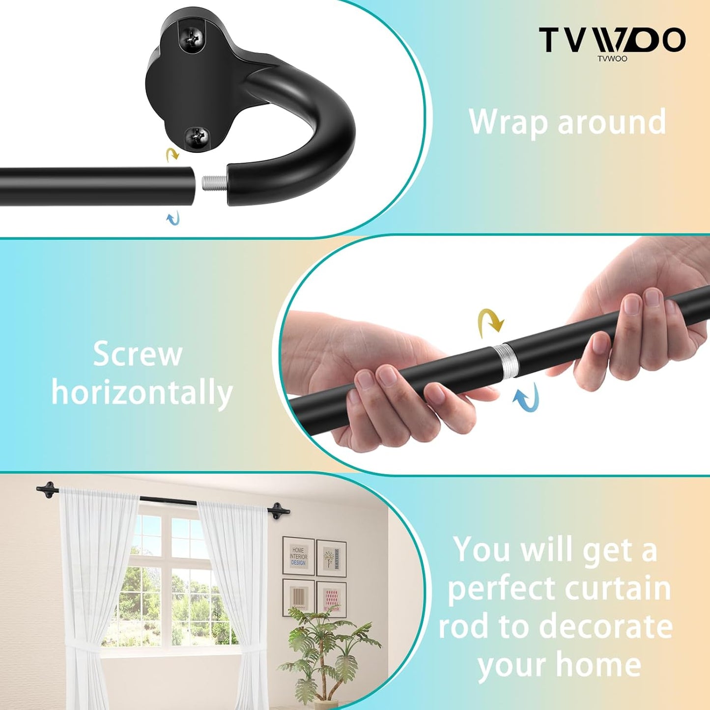 Wrap Around Curtain Rods, Black Adjustable Curtain Rods 36 to 72 Inch for Room Darkening Windows