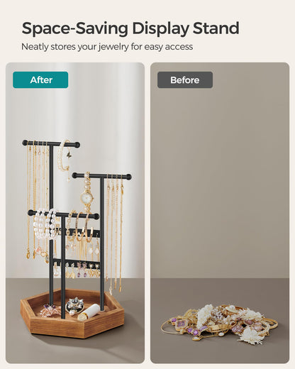 SONGMICS Jewelry Holder, Jewelry Organizer, 3 Tiers and 1 Tray, Jewelry Display Stand with Metal Frame, Necklace Earring Bracelet Holder, for Rings, Ink Black and Caramel Brown UJJS03CB