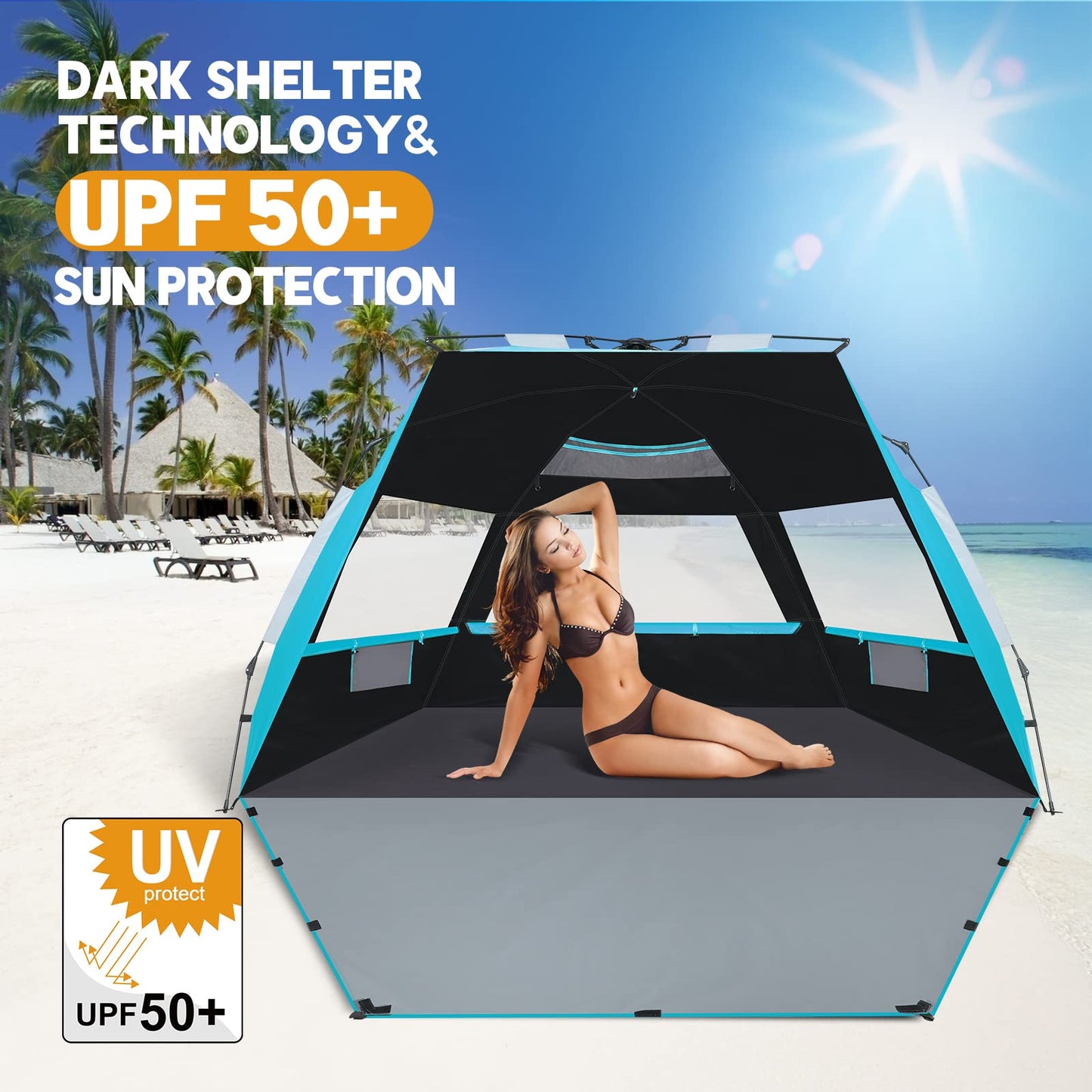 SEBOR Beach Tent, Deluxe XL Pop-up Beach Tent for 4-6 Person, UPF 50+ with Dark Shelter Technology, Easy Set Up and Portable Beach Tent Sun Shelter(Sky Blue)