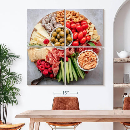 ElephantStock - Charcuterie Board Wall Art - Square Multi Panel Canvas - 4 Piece Dining Room Wall Decor - Photography Food And Drink Multi Piece Wall Art - Brown And Gray Decor - 50" x 50"