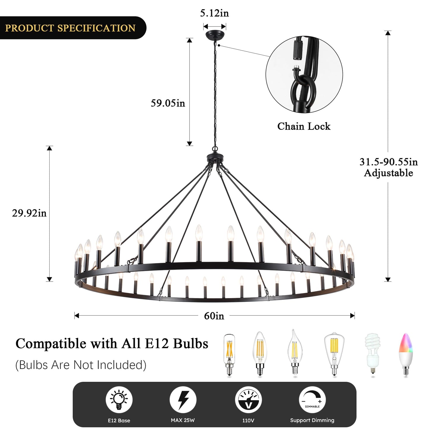 YLCHYTDZSW 60" Black Wagon Wheel Chandelier 36 Light Large Farmhouse Chandeliers for High Ceiling Hanging Modern Round Pendant Lighting Fixture for Living Room Foyer Entryway Dining Room Kitchen