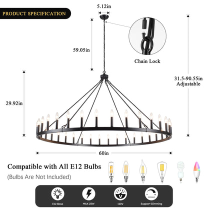 YLCHYTDZSW 60" Black Wagon Wheel Chandelier 36 Light Large Farmhouse Chandeliers for High Ceiling Hanging Modern Round Pendant Lighting Fixture for Living Room Foyer Entryway Dining Room Kitchen