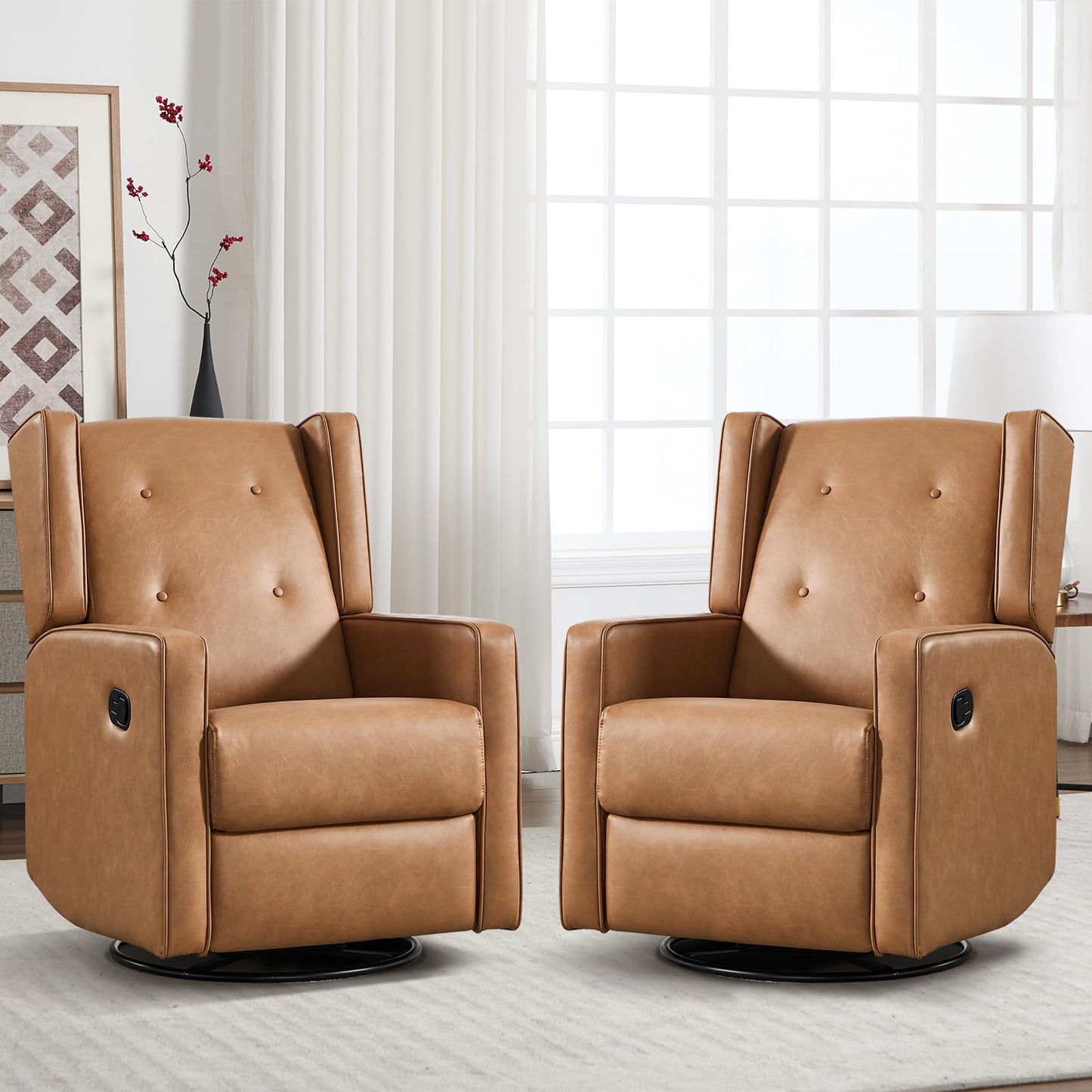 CANMOV Swivel Rocker Recliner Chair Set of 2, Nursery Glider Chair, Nursery Rocking Chairs, Manual Reclining Chair, Brown