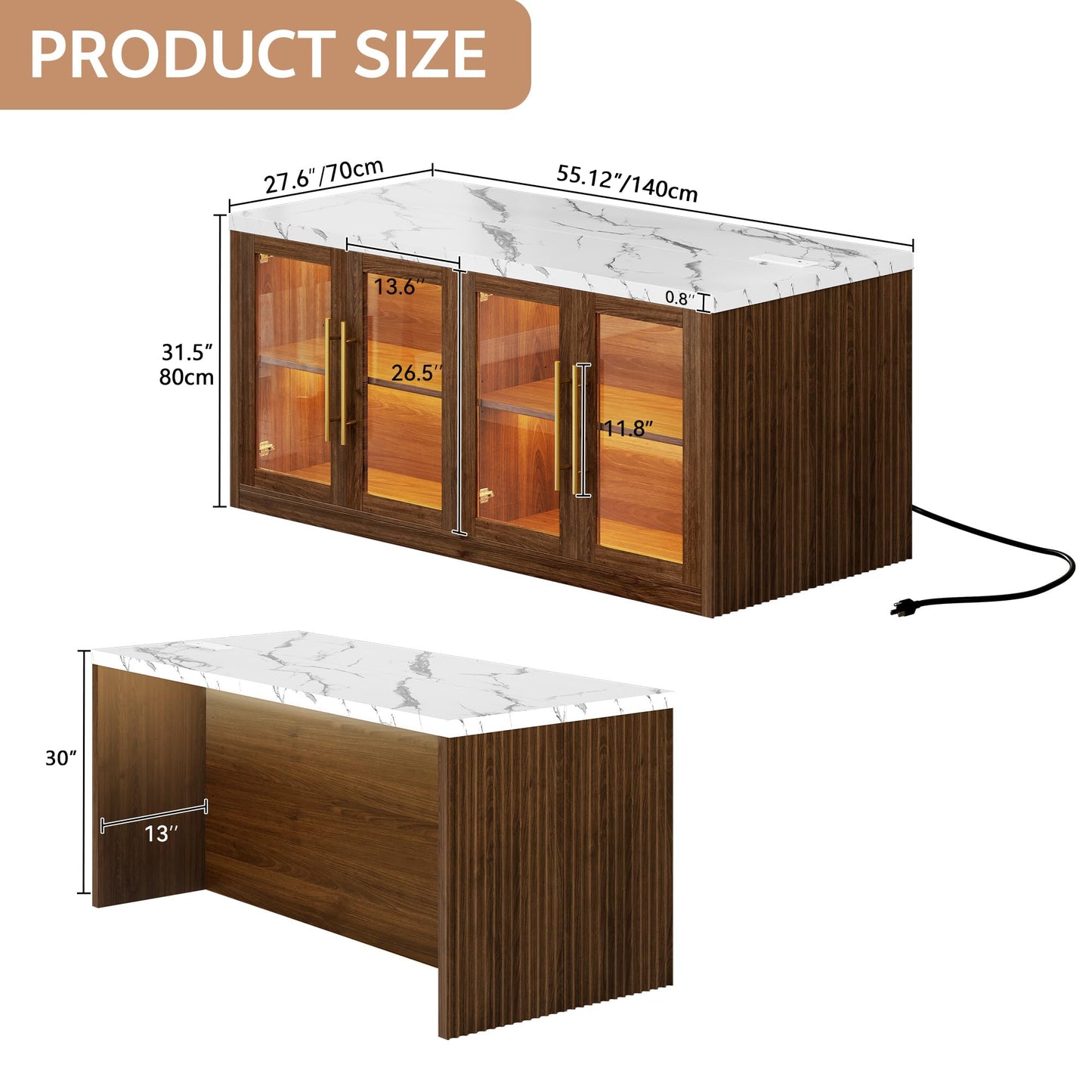 Homiflex Kitchen Island with Storage, Imitation Marble Island Table with LED Lights & Cabinet for Kitchen, Modern Kitchen Carts on Wheels for Dining Room, Home Bar, Walnut