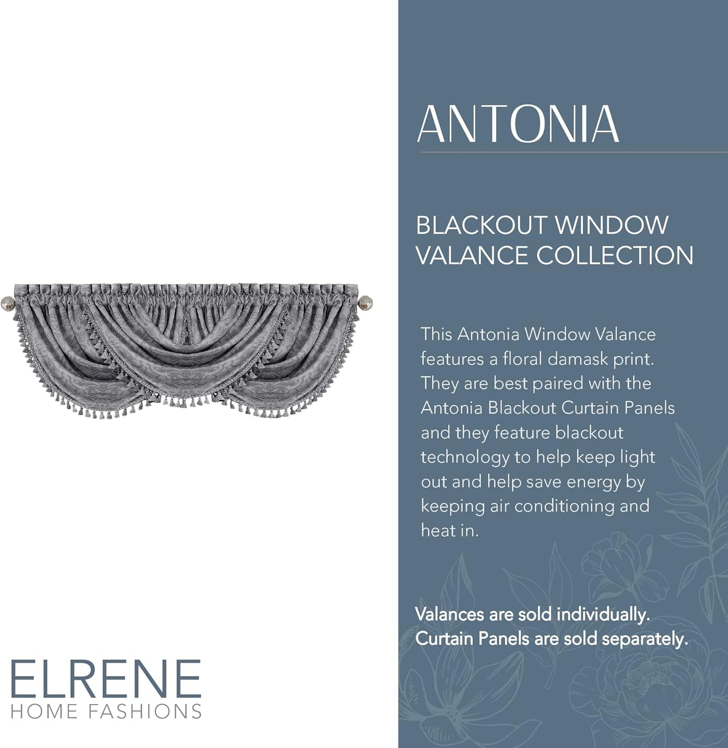 Elrene Home Fashions Antonia Floral Damask Waterfall Window Valance with Tassels, 52"x36", Silver