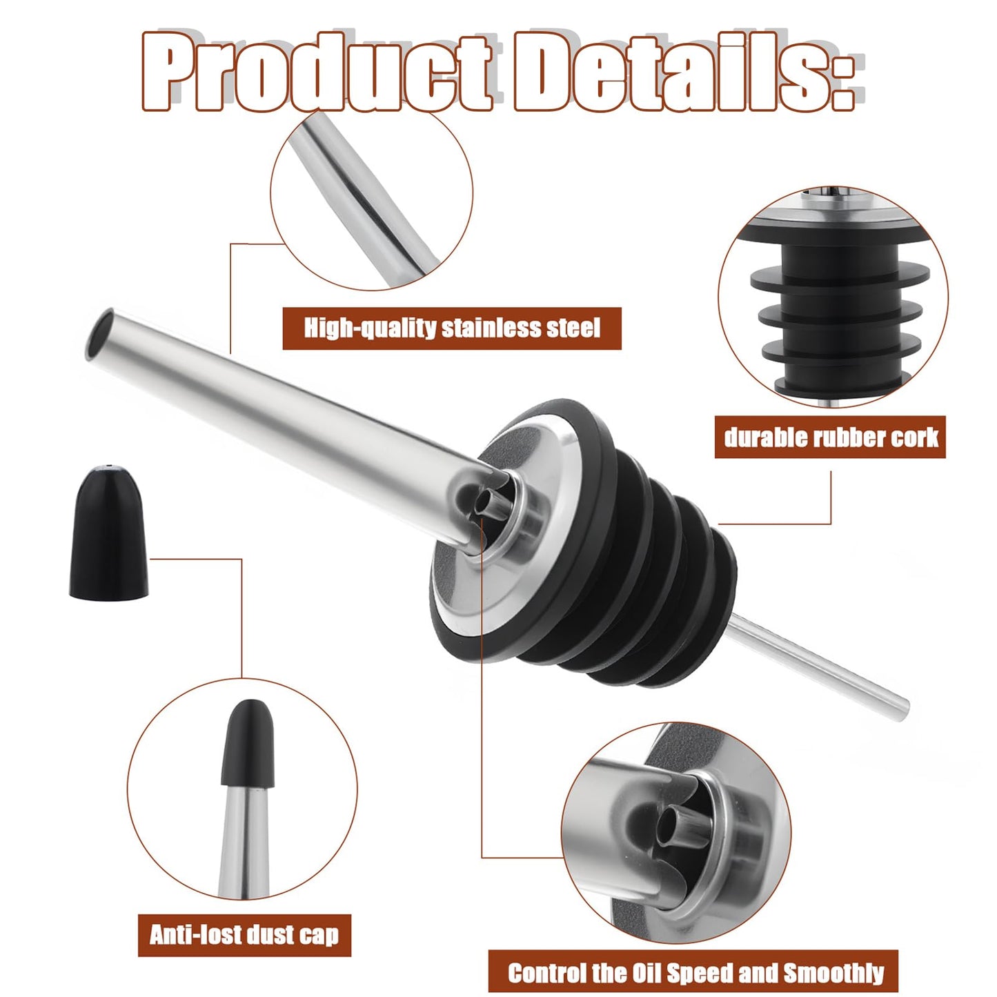 72 Pcs Stainless Steel Pour Spouts for Liquor Bottles with Rubber Dust Caps Tapered Bottle Pourers for Alcohol Olive Oil Wine Syrup Whiskey Bar Bartending Accessories