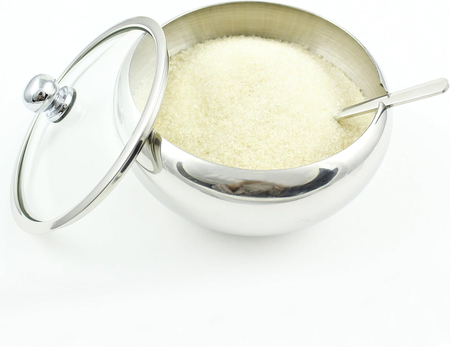 Zoie + Chloe Stainless Steel Sugar Bowl with Glass Lid, Bonus Spoon, 2 Cup Capacity (500ml)
