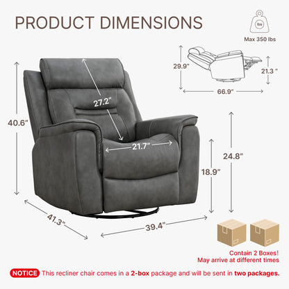KISLOT Leather Recliner Chair, 360° Swivel Rocker for Adults Manual Rocking Reclining Chair with Adjustable Backrest Footrest for Living Room Bedroom Home Theater Seating
