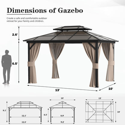 YOLENY 10'x13' Hardtop Gazebo, Outdoor Polycarbonate Double Roof Canopy, Aluminum Frame Permanent Pavilion with Curtains and Netting, Sunshade for Garden, Lawns, Patio