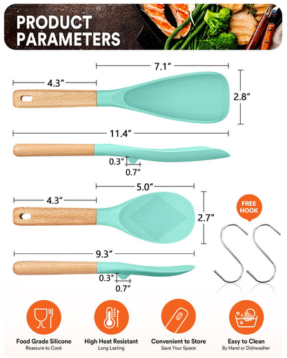 Cooking Spoon and Rice Scooper for Nonstick Cookwares, Great for Cooking and Serving Sturdy BPA-Free Matte Silicone, Wood Handle Spoon for Mixing, Scoop, and Scrape (GREEN)