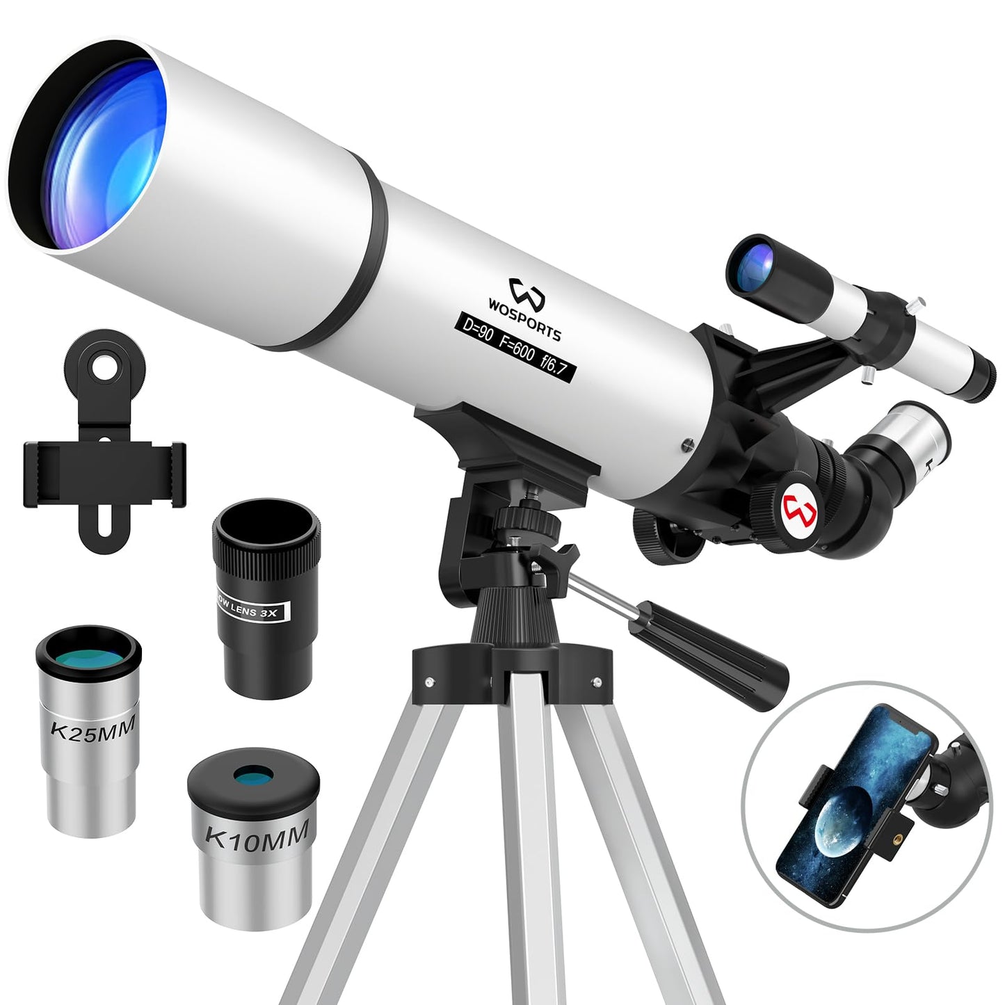 WOSPORTS Telescope for Adults High Powered, 90mm Aperture 600mm Astronomy Portable Professional Refractor Telescope for Beginners, Magnification 180X, with Adjustable Tripod, Phone Adapter, Carry Bag
