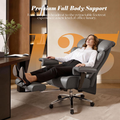 Efomao Big and Tall Office Chair 400lbs, Executive High Back Office Chair with 24" Extra Wide 6.1" Spring Cushion and Footrest, Reclining Heavy Duty Desk Chair for Home Office, Grey