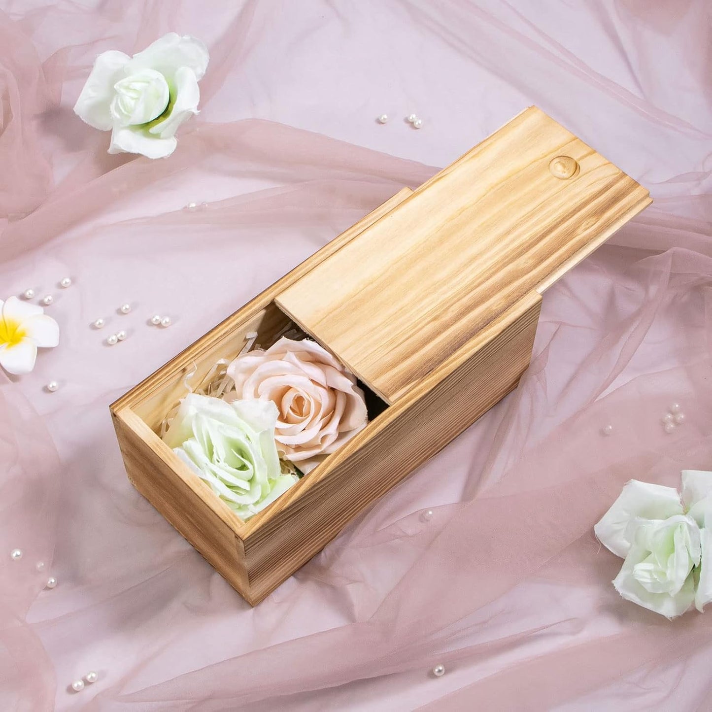 Vintage Wood Box with Slide Lid - 7.8'' x 3.9'' Keepsake Storage Wooden Box for Art Hobbies, DIY Lovers
