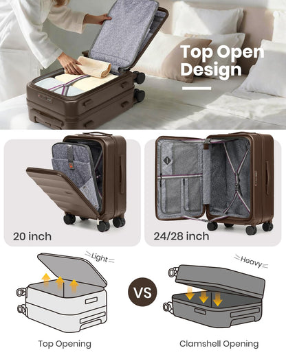 Joyway Luggage Set 3 Piece Top Opening Suitcase Set with Spinner Wheel and TSA Lock, PC Hard Shell Carry on Luggage with Front Pocket for Woman Men (Coffee)