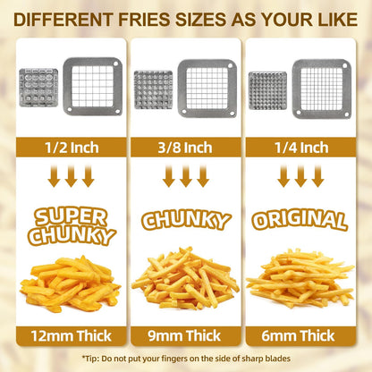 French Fry Cutter Commercial Grade Potato Slicer with Stand Suction Feet Complete Set, Includes 1/4", 3/8", 1/2", 2 Pieces L Stand