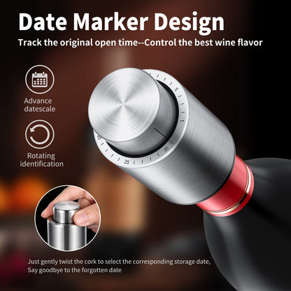 [2 PACK]Wine Bottle Stoppers，2-in-1 Vacuum Wine Stopper，1 Stainless Steel (Silver) and 1 ABS(Black) Wine Savers, Reusable Wine Preserver, Vacuum Pump Corks Keep Wine Fresh, Best Gift Accessories.
