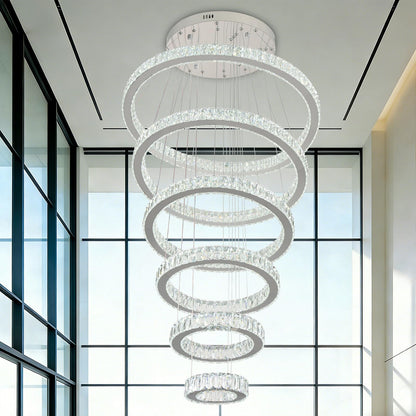 Finktonglan 6-Ring Crystal LED Chandelier, Cool White 6000K Modern Pendant Light, Adjustable Height up to 118", K9 Stainless Rings (Ø7.9–27.6"), Non-Dimmable for Foyer Stair Living Room