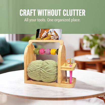 Yarn Holder for Crochet Accessories – Durable Bamboo Wood Knitting Accessories Yarn Storage Organizer with Built-in Phone Stand – Tangle-Free Dual Rods and Tool Holder – Works with Skein, Cake, Ball