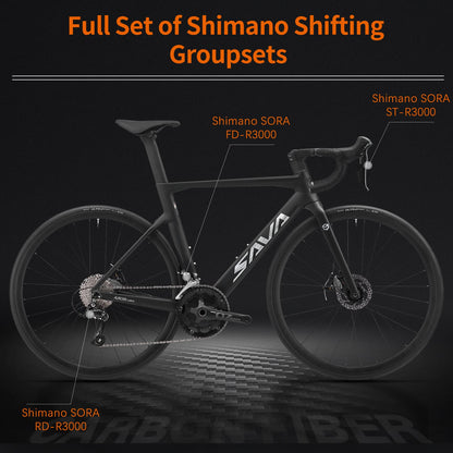 SAVADECK Carbon Disc Road Bike, Integrated Design Racing Bicycle Carbon Frame Carbon Fork with Shimano SORA R3000 Derailleur System 18 Speed Disc Brake Road Bike for Men or Women(White,56cm)
