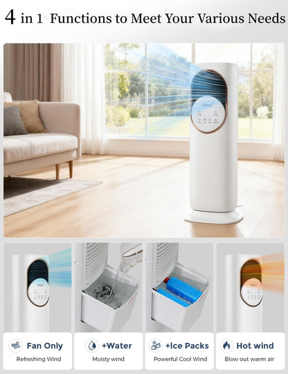 Hiluce 4-IN-1 Evaporative Air Swamp Cooler,Quiet Fan and Heater Combo,28 ft/s Tower Fans that Blow Cold Air,Removable Water Tank,Ice Packs,180°Oscillating,2 Heating & 3 Cooling Speeds,9H Timer