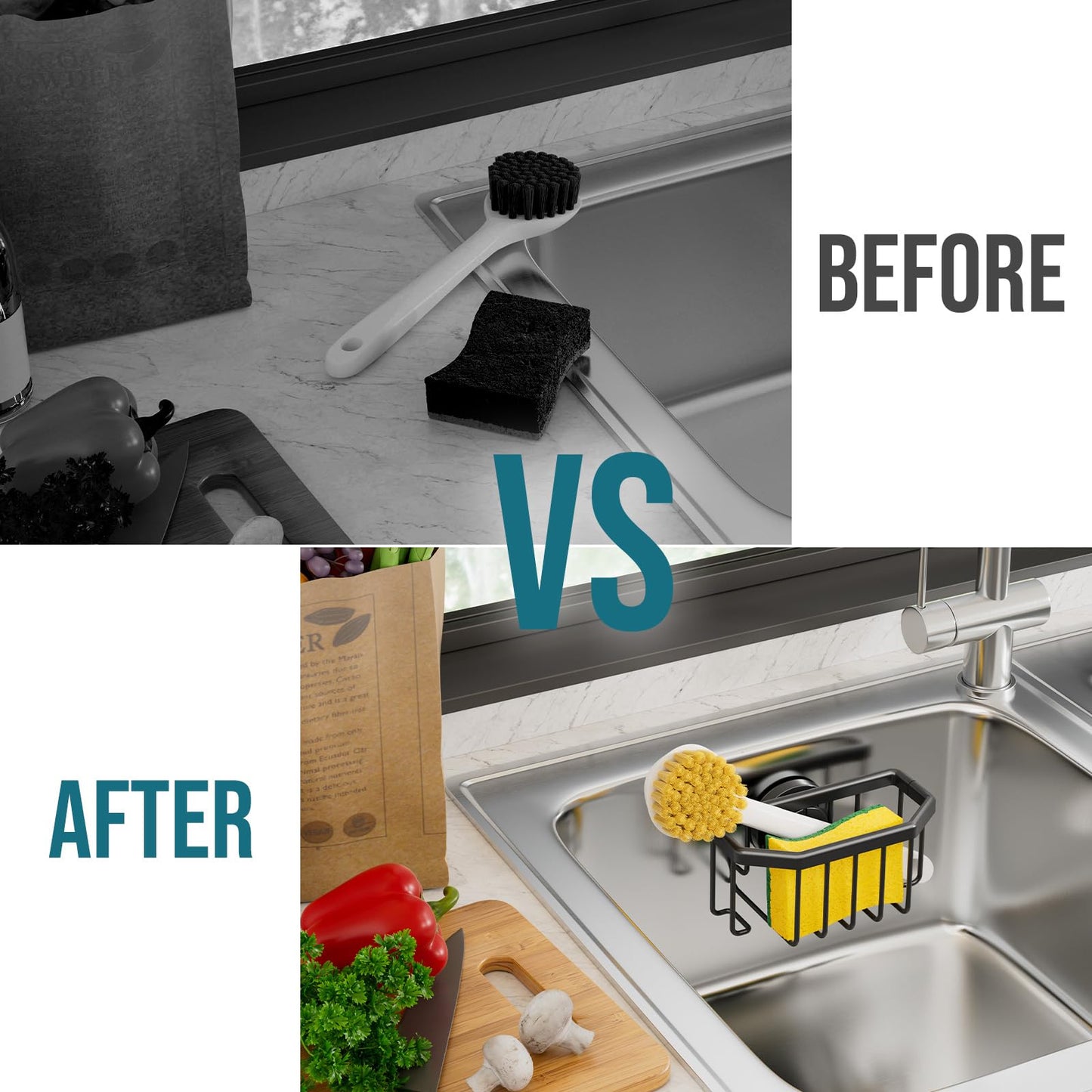 TAILI Sponge Holder with Strong Suction Cup, Dish Sponge Caddy Inside Sink Removable, Rustproof Aluminum for Sponges, Brushes, Stoppers and Scrapers - Black