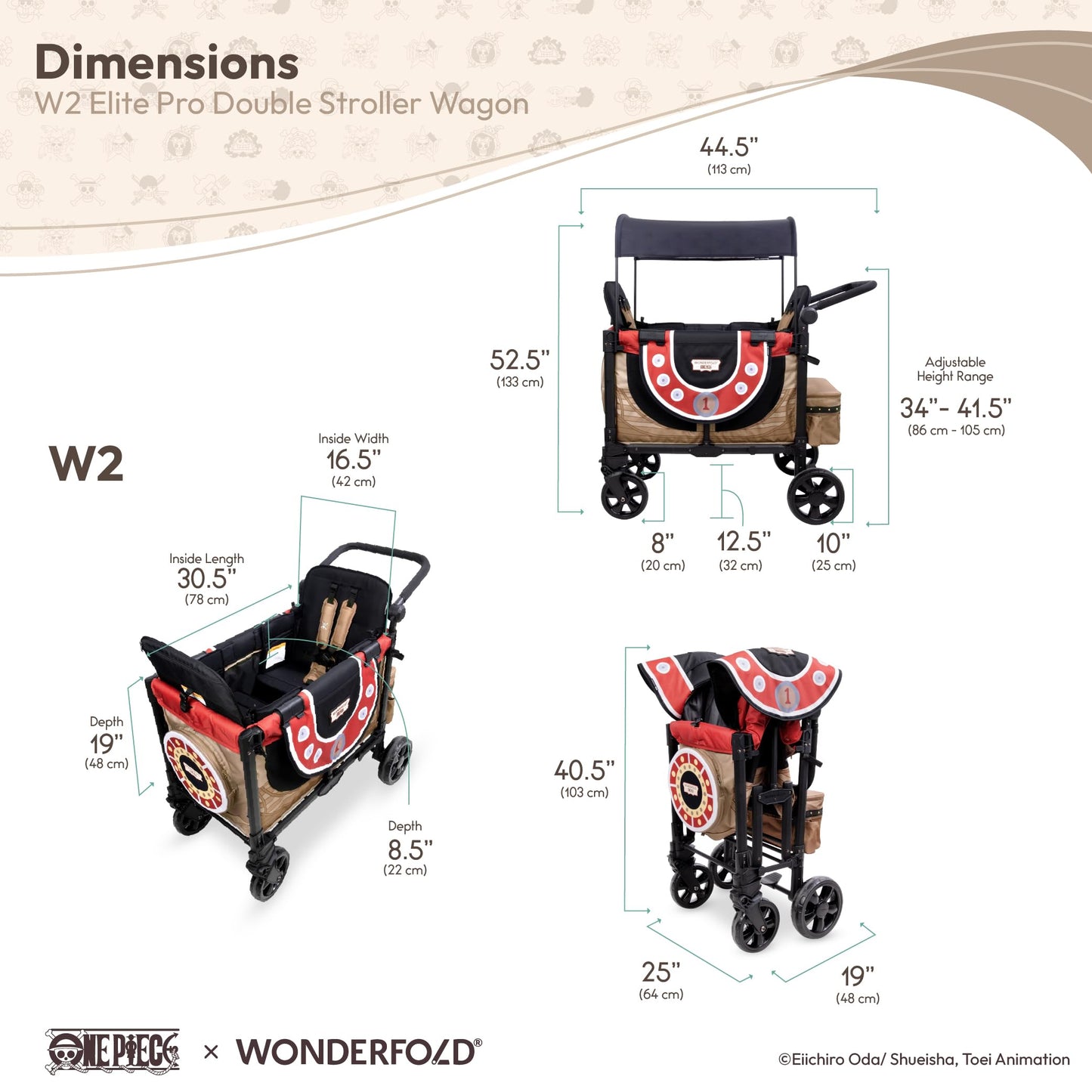 WONDERFOLD W2 Elite Pro Limited Edition ONE PIECE Thousand Sunny Stroller Wagon 2 Seater - Collapsible Wagon Stroller with Seats w/ 5-Point Harnesses, Easy Access Zipper Door, and Removable Sun Canopy