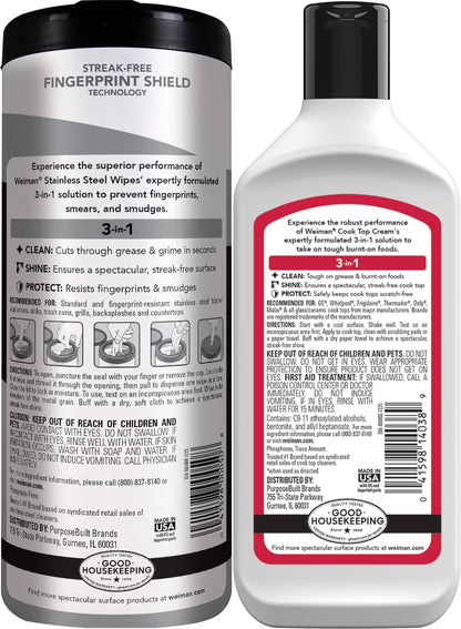Weiman Heavy Duty Cooktop Polish & Stainless Steel Wipes - Powerful Appliance Kitchen Cleaning Kit - Packaging May Vary