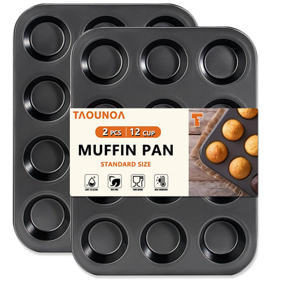 TAOUNOA Muffin Tin, 12-Well Nonstick Cupcake Pan Set of 2, Heavy Duty Steel Muffin Pan