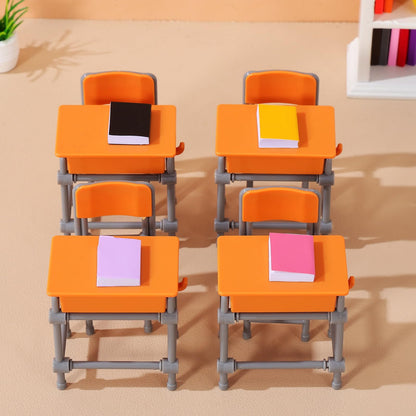 Toddmomy Miniature Plastic Classroom Desk and Chair 4-Set, Realistic Dollhouse School Furniture Accessories for Diorama Decor