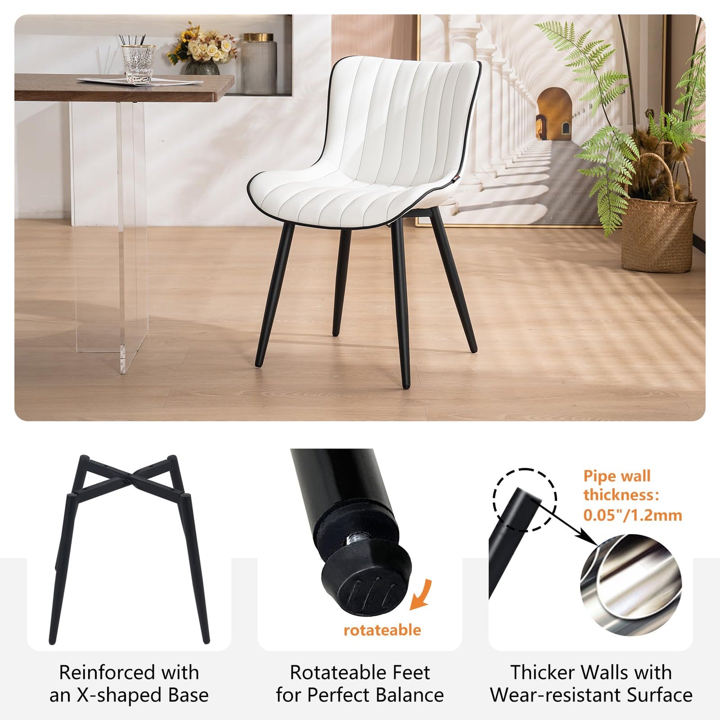 YOUNUOKE Mid-Century Modern Dining Chairs Set of 2, White PU Leather Upholstered Kitchen Chairs with Black Metal Legs, Armless Accent Chair for Dining Room, Guest Reception Room