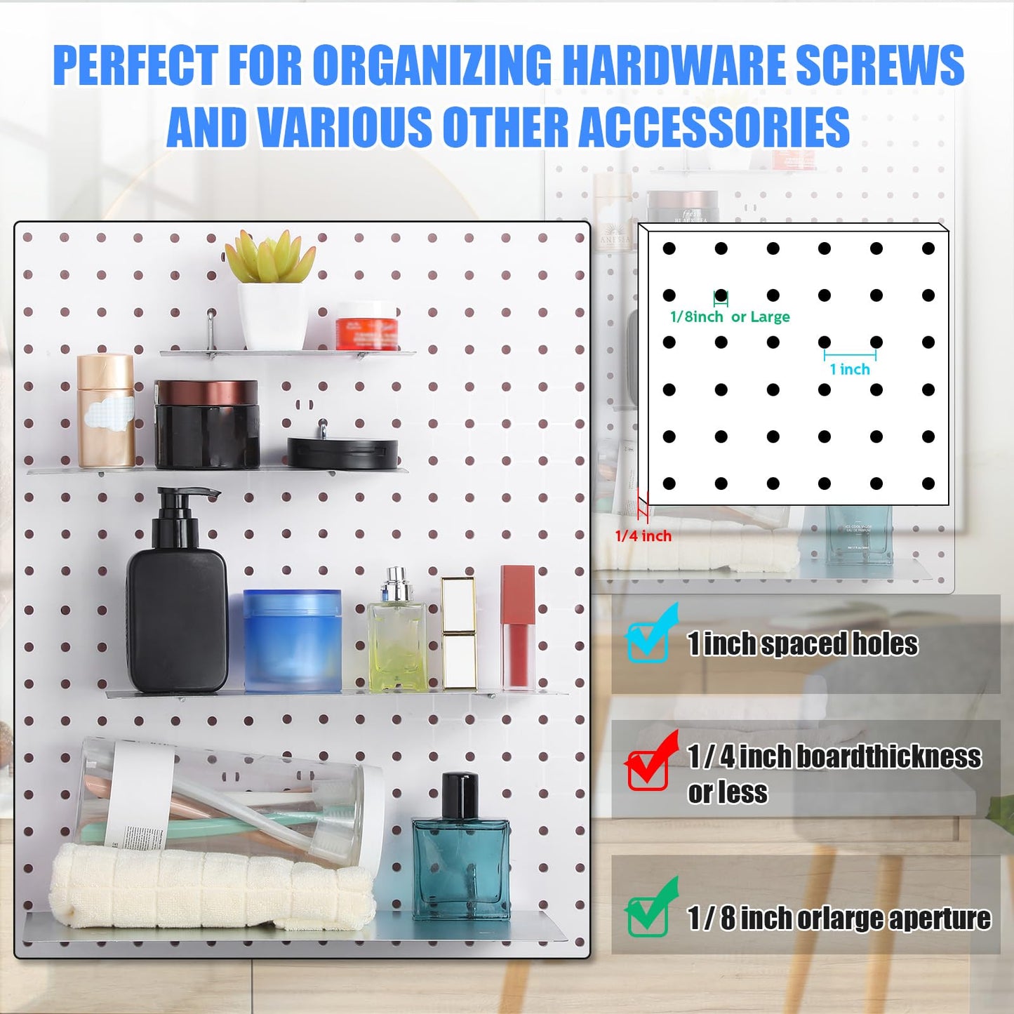 Funrous 4 Pack Pegboard Shelves Wall Organizer Peg Board Shelf Brackets Steel Tray Pegboard Accessories Organizing Tools for Craft Room Home Garage Nursery Workbench Kitchen(Mixed Sizes,Silver)