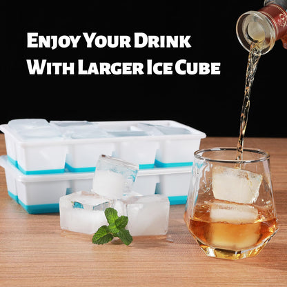 Large Ice Cube Tray with Lid and Bin, Jrisbo Silicone Big Square Ice Cube Molds for Freezer, 3 Pack Stackable Huge Cubed Ice Trays with Ice Tong, Ice Scoop for Whiskey Cocktails Soups Frozen Treats