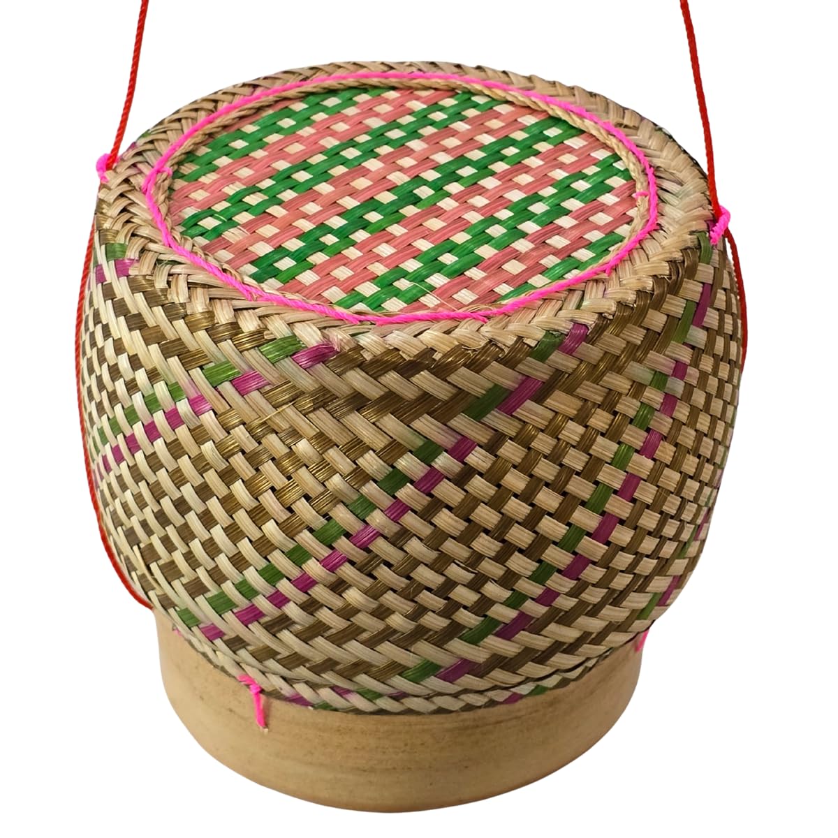 Heavens Tvcz Colorful Bamboo Sticky Rice Basket with Lid & String | 5” Handwoven Thai Lao Rice Container |