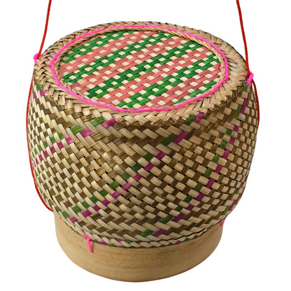 Heavens Tvcz Colorful Bamboo Sticky Rice Basket with Lid & String | 5” Handwoven Thai Lao Rice Container |