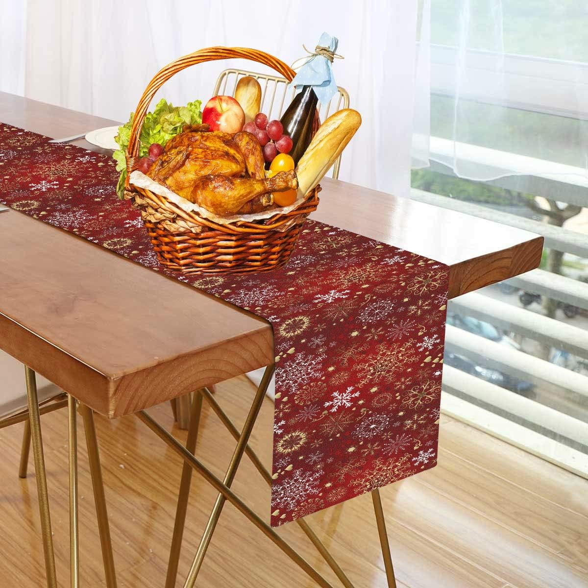 Christmas Winter Snowflake Table Runner, 13x90 Inches Double Sided, Luxurious Gold Red for Kitchen Dining Decor