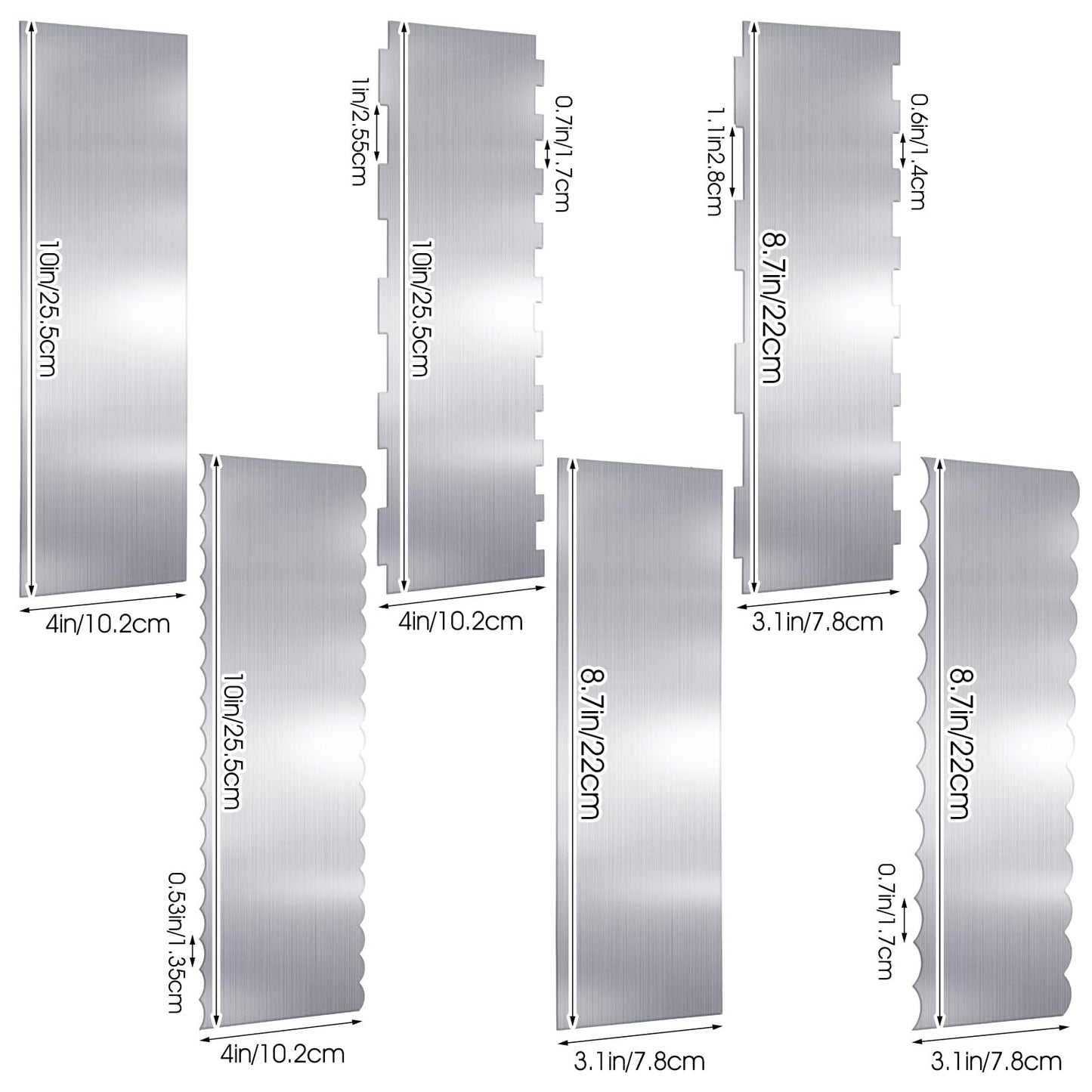 KongTiva 6 Pcs Stainless Steel Cake Scraper, Large Double Sided Patterned Edge Stripe Edge Smoother Scraper 10 Inch & 9 Inch Cake Decorating Comb Metal Pastry Cutter for Butter Mousse Cream Decoration