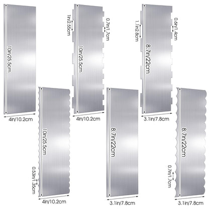 KongTiva 6 Pcs Stainless Steel Cake Scraper, Large Double Sided Patterned Edge Stripe Edge Smoother Scraper 10 Inch & 9 Inch Cake Decorating Comb Metal Pastry Cutter for Butter Mousse Cream Decoration