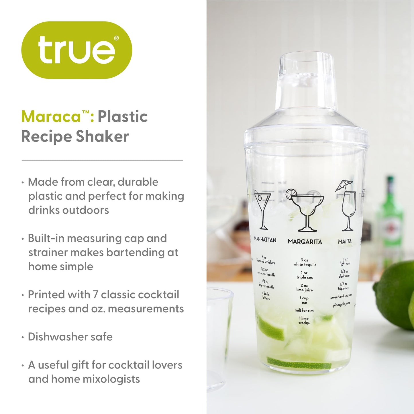 True Maraca Cocktail Shaker with Built In Strainer, Drink Mixer with 7 Classic Drink Recipes & Measurements, Perfect for Game Nights, BBQ, House Party, Picnic, Home Bar Accessories, 16 oz, Set of 1