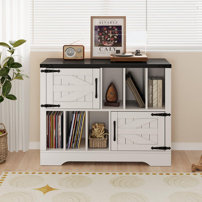 Vinyl Record Storage Cabinet, 39" Large Turntable Stand with Barn Doors, White Mid Century Modern Record Player Table with Display Shelf Rack for Albums Books Media Stereo Audio Home Living Room