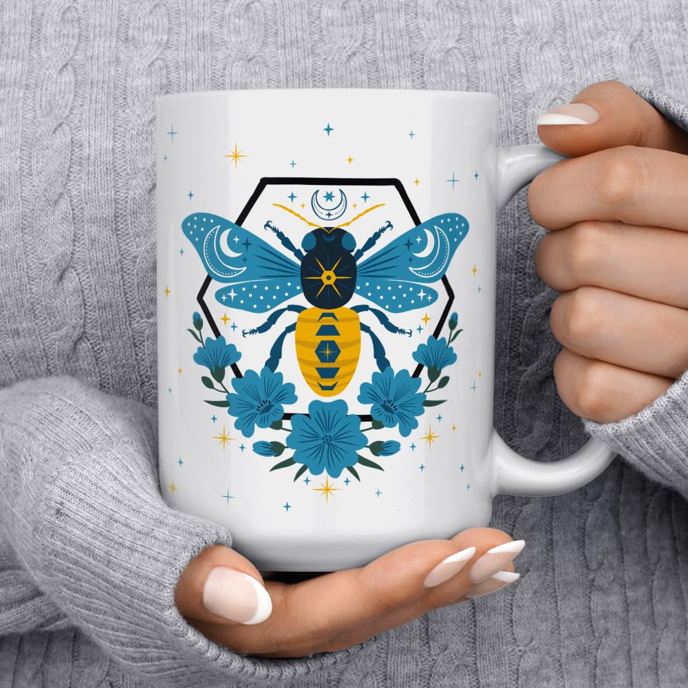 Celestial Bee Ceramic Coffee Mug - Floral Moon Stars Tea Cup, Gift for Women, Men, Friend, Coworker, 15oz