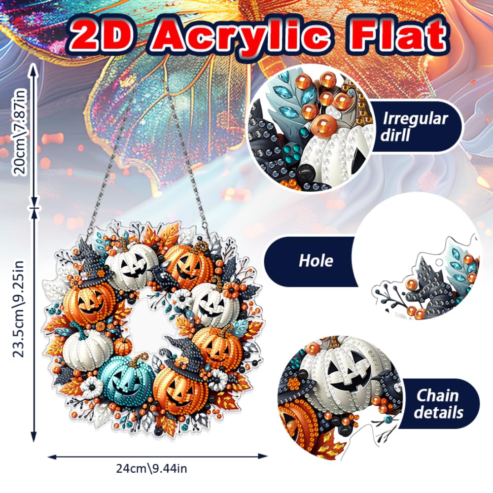 Yimofy Halloween Pumpkin Wreath Diamond Art Hanging Kits for Adults, DIY Double Sided Diamond Painting Ornament with Chain for Halloween Home Door Wall Window Decor (Pumpkin Wreath)