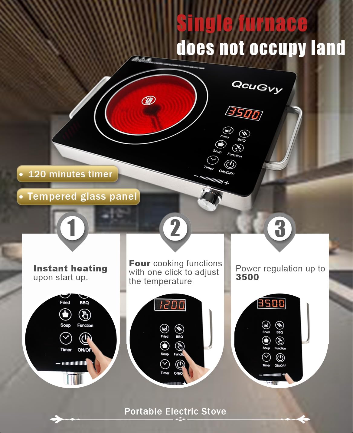 14" Portable Infrared Burner 3500 Electri Burner with 3 Hours Timer-Electric Hot Plate Touch Control Panel Adjustable Heating Power Glass Plate Electric Cooktop for Cooking (Black)