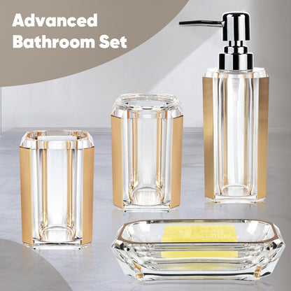 LGURT 4-Piece Gold Bathroom Accessories Set — Soap Dispenser, Soap Dish, Mouthwash Cup & Toothbrush Holder, Acrylic with Brushed Gold Accent, Luxury Bathroom Vanity Countertop Organizer for Home