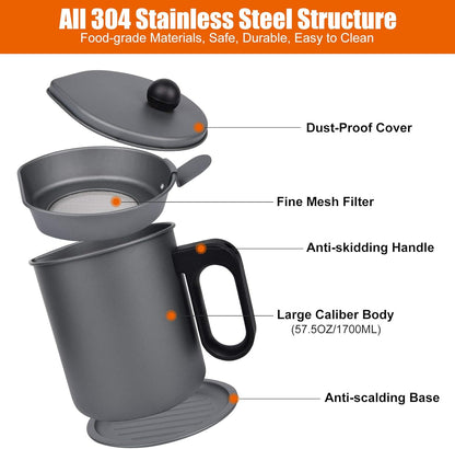MORDEN MS Bacon Grease Container: 1.7L Grease Saver with Strainer, Iron Cooking Oil Can, Gray