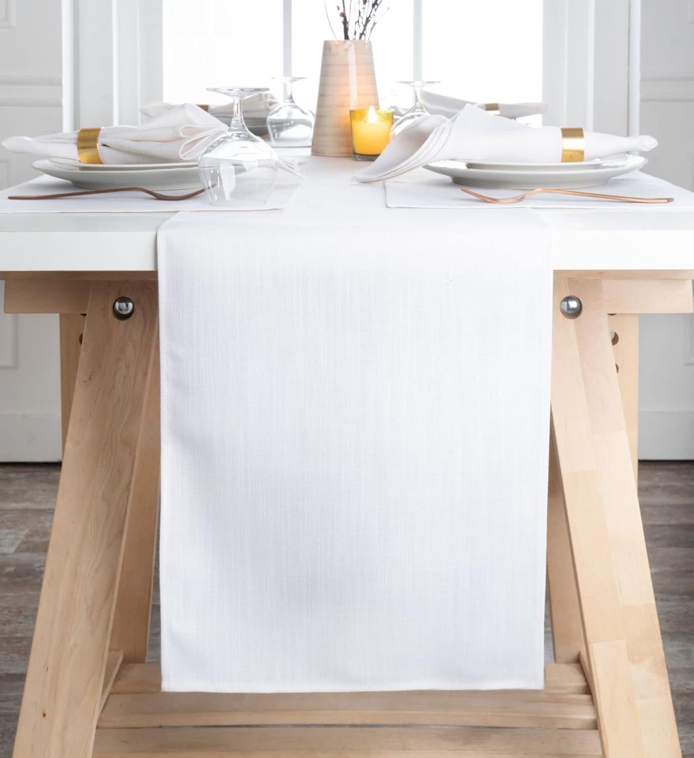 13 36 Inch 100% D'Moksha Homes Chambray Cream and White Table Runner x - Faux Linen Table Runner - Wrinkle Resistant