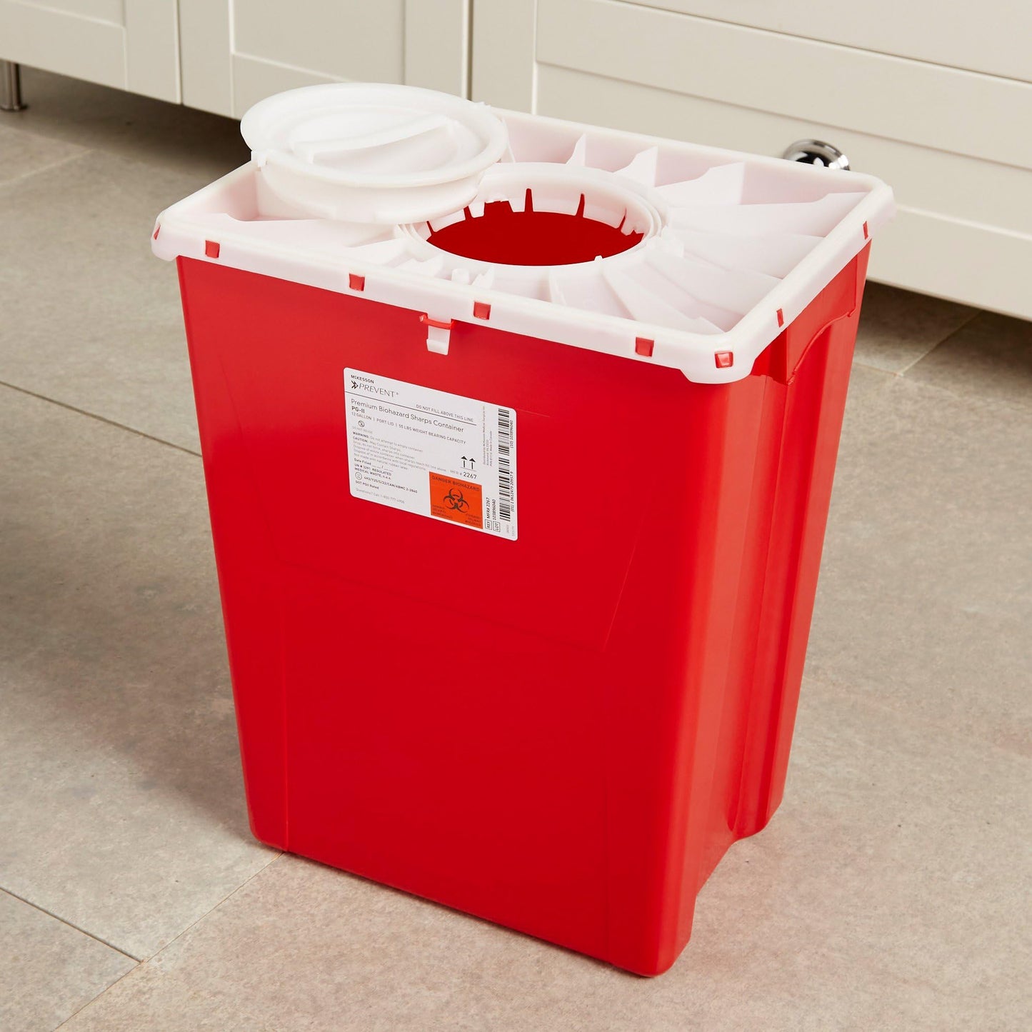 McKesson Prevent Biohazard Sharps Container, Premium - PG-II, Plastic, Vertical Entry, Rotating Lid - Red, 12 gal, 13 in x 17 3/10 in x 20 4/5 in, 1 Count